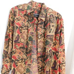 VINTAGE LINDA ALLARD ELLEN TRACY SILK BLOUSE MONETARY PRINT SIZE 2 PLUS SIZE